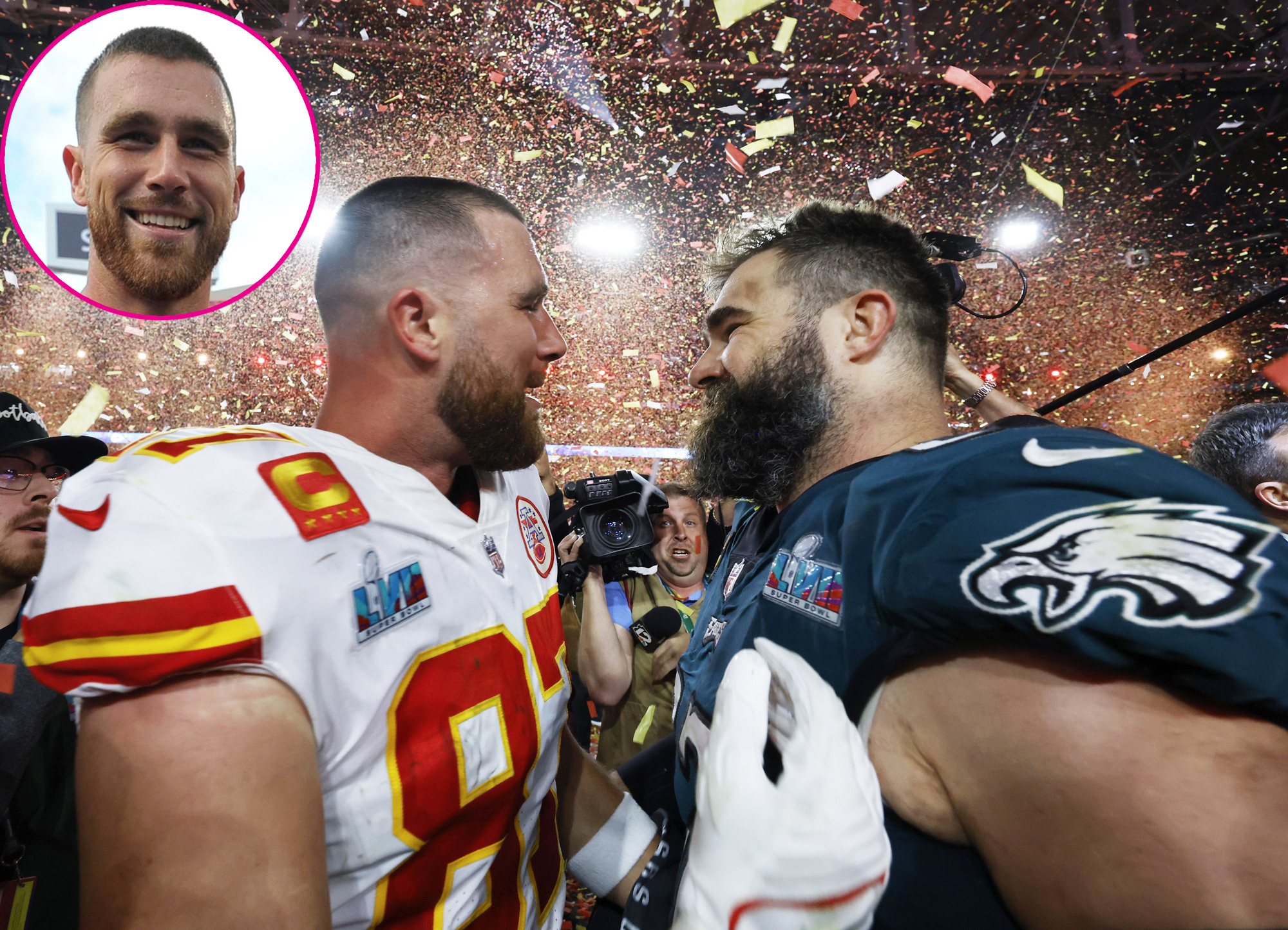 Travis, Jason Kelce Hug After Chiefs Beat Eagles in Super Bowl