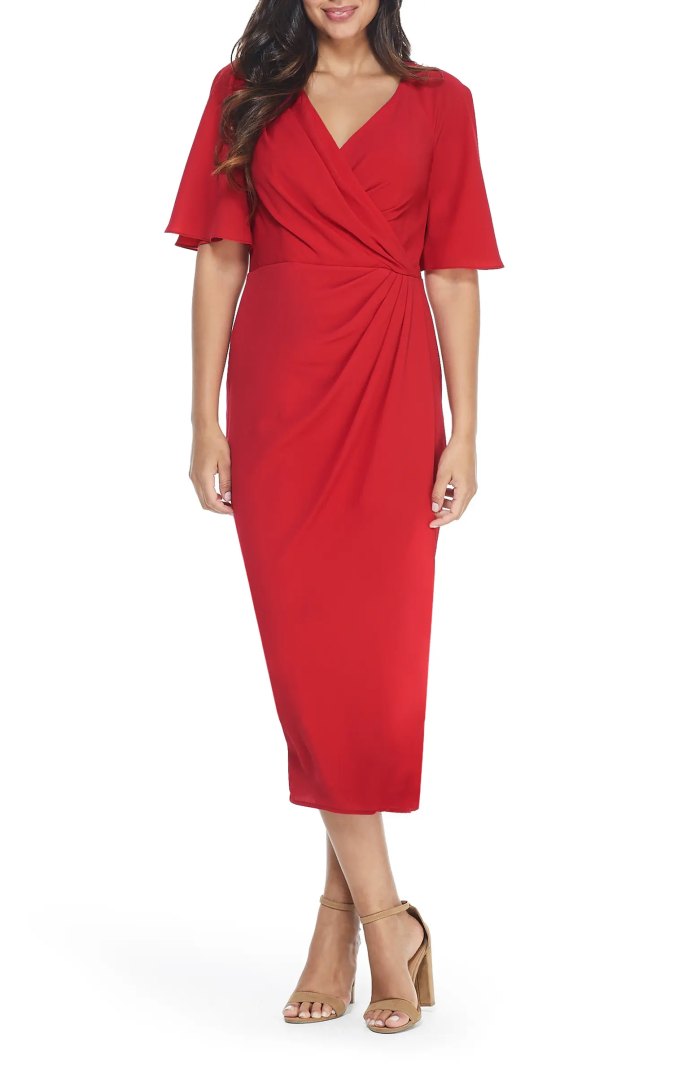 red faux wrap dress