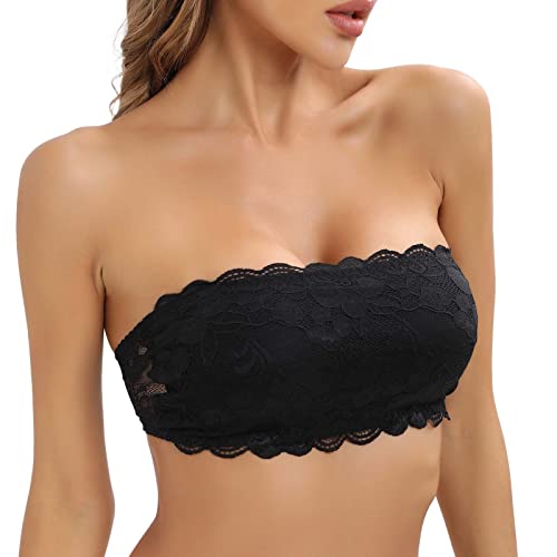 Womens Strapless Lace Bandeau Bra Padded Tube Top Bralette Seamless Wrapped Breast Bra Wire Free Backless Dresses Bra (Black,Small)