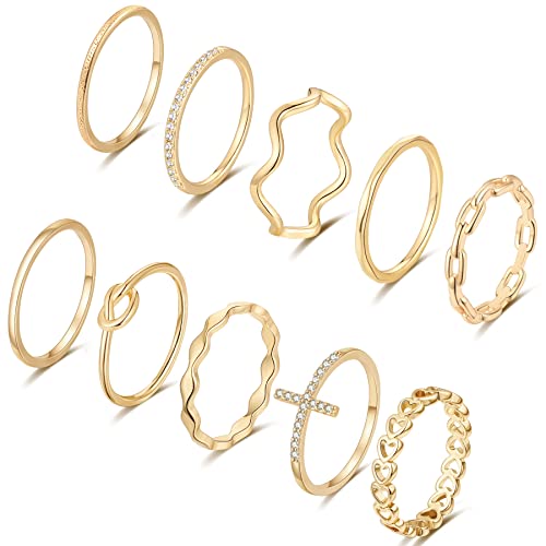 ZOERAY 10PCS 14K Gold Plated Stacking Rings for Women Thumb Stackable Knuckle Band Rings Gold Silver Ring Set for Teen Girls Thin Plain Midi Finger Rings Size 5 to 9