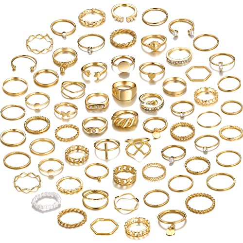 YEEZII 68 Pcs Gold Knuckle Rings Set for Women Girls, Stackable Rings Boho Joint Finger Midi Rings Hollow Carved Crystal Stacking Rings Pack