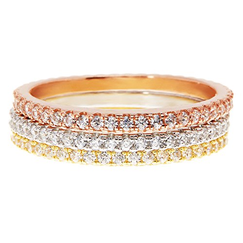 PAVOI 14K Gold Plated Sterling Silver CZ Simulated Diamond Stackable Ring Eternity Bands for Women (Plated Set, 5)