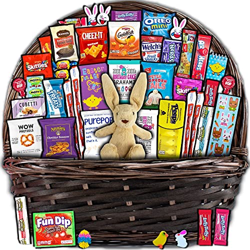 Brown Easter Basket for Kids and Adults (45ct) - Already Filled Easter Gift Basket with Plush Easter Bunny, Candy, Snacks, and Treats - Boys, Girls, Grandchildren, Young Children, Toddlers, Men, Women