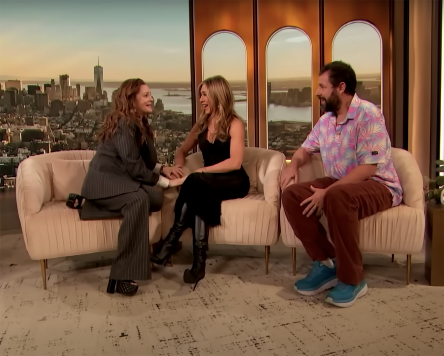 Drew Barrymore Has Her 1st Hot Flash On Screen While Interviewing Jennifer Aniston and Adam Sandler: 'I'm So Glad I Have This Moment Documented'