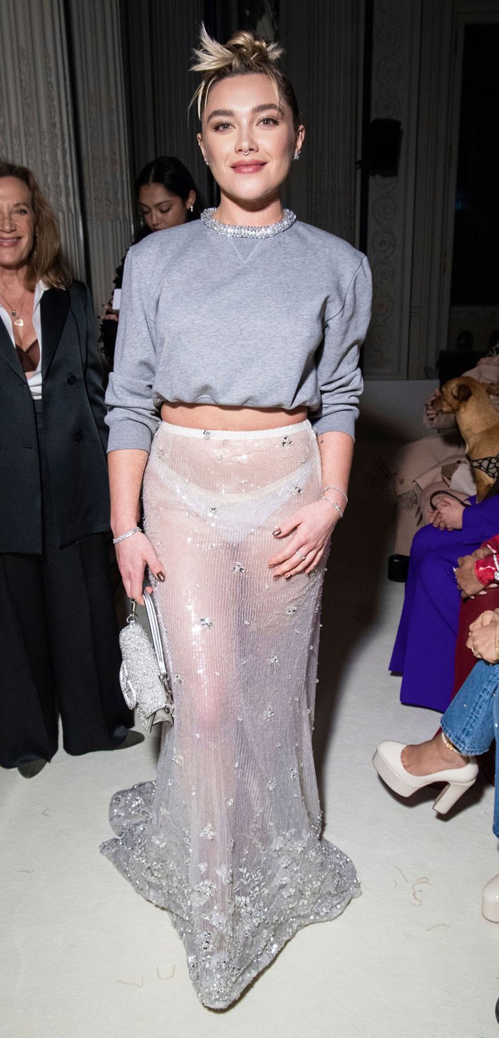 Florence Pugh Shows Her Undies at Paris Fashion Week sweatshirt crop top