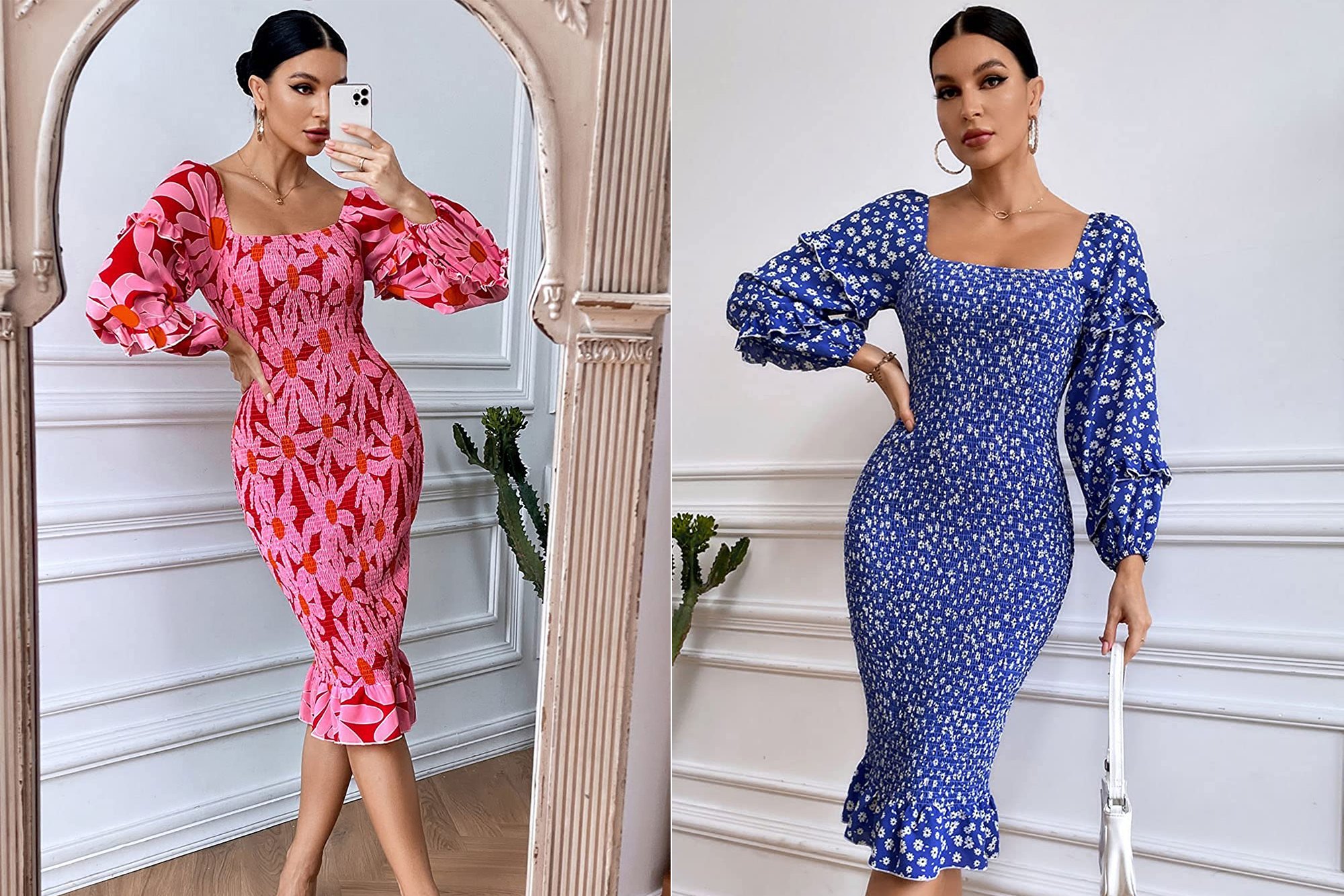 Spring Floral High-Waist Bodycon Midi Dress