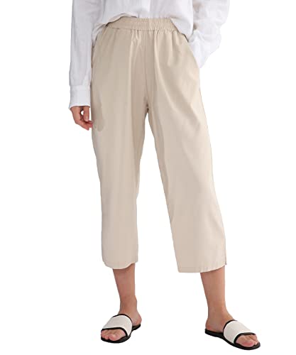 Amazhiyu Womens Linen Elastic Waist Tapered Capris with Pockets Casual Summer Ivory, Small