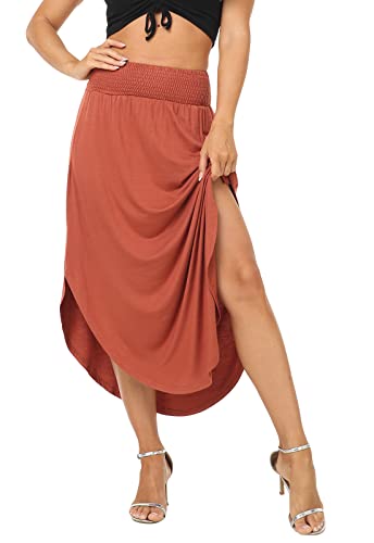Carpetcom Women’s Casual Slit Loose Smoked High Waist Summer Fall Long Maxi Skirt with Pockets