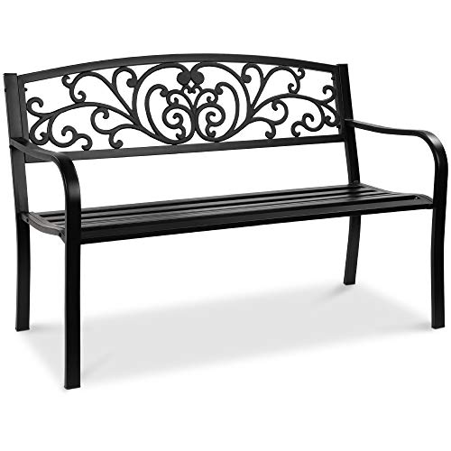 Best Choice Products Outdoor Bench Steel Garden Patio Porch Furniture for Lawn, Park, Deck w/Floral Design Backrest, Slatted Seat - Black