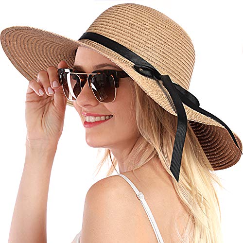 Womens Straw Hat Wide Brim Floppy Beach Sun Hat for Women UPF 50+ Adjustable Strap Vacation