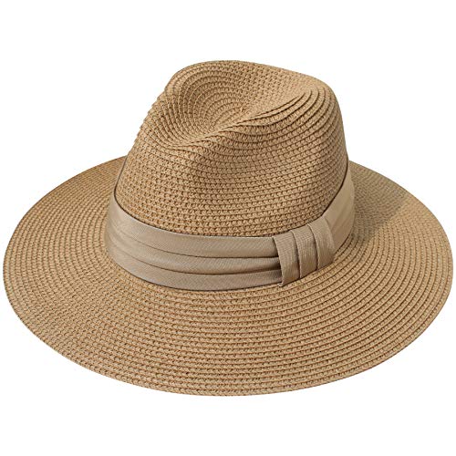 Lanzom Women Wide Brim Straw Panama Roll up Hat Fedora Beach Sun Hat UPF50+ (B-Brown)