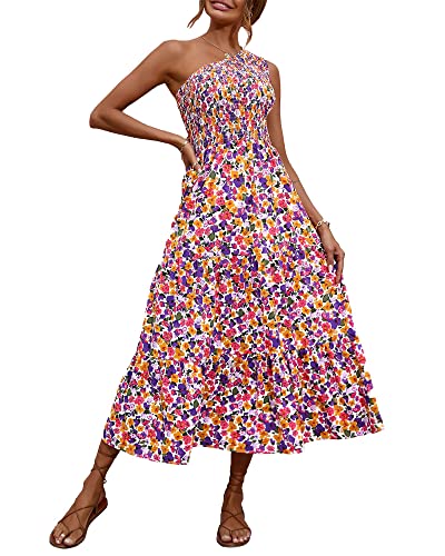 BTFBM Women One Shoulder Sleeveless Casual Summer Dresses 2023 Smocked High Waist Floral Flowy Beach Boho Maxi Dress(Floral White Purple, Small)