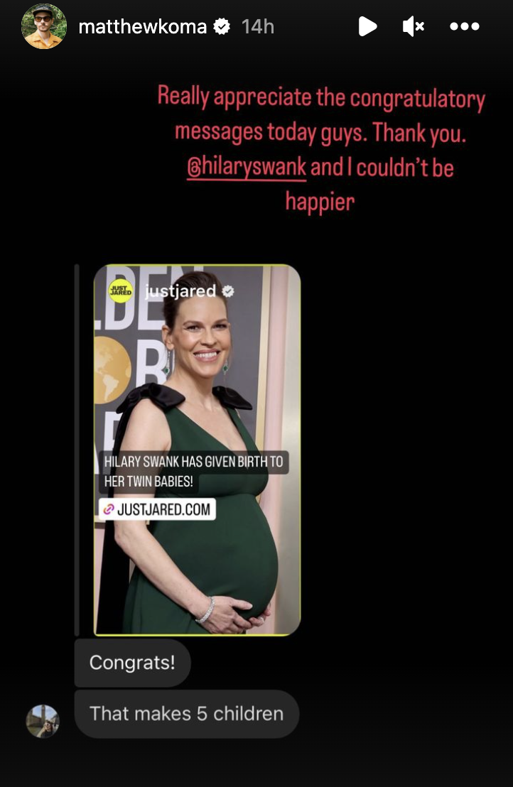 Hilary Duff's Husband Thanks Fans for Congratulating Him on the Birth of Hilary Swank's Twins: 'Couldn't Be Happier'