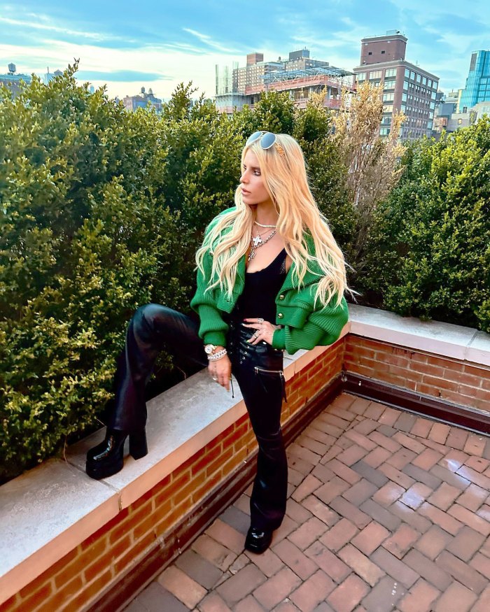 Jessica Simpson in Moto Pants, Green Jacket