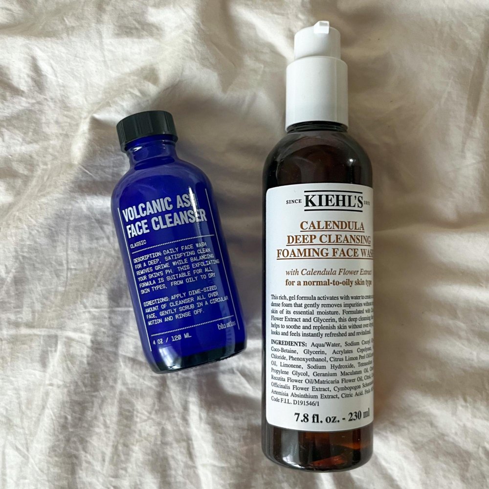 Blu Atlas Volcanic Ash Face Cleanser (left), Kiehl’s Calendula Deep Cleansing Foaming Face Wash (right)