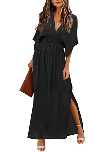 Meenew Women's Split Maxi Dress Backless Casual Loose Beach Dress Floor Length M Black