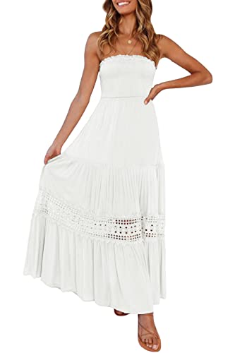 ZESICA Women's 2023 Summer Bohemian Strapless Off Shoulder Lace Trim Backless Flowy A Line Beach Long Maxi Dress,White,Medium