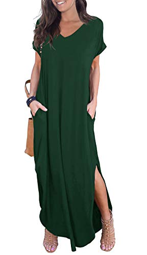 GRECERELLE Women's Casual Loose Pocket Long Dress Short Sleeve Split Maxi Dress Dark Green X-Small