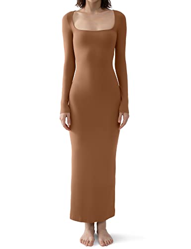 PUMIEY Long Sleeve Dress for Women Square Neck Soft Lounge Maxi Dress Sexy Bodycon Fall Dresses for Women Caramel Medium