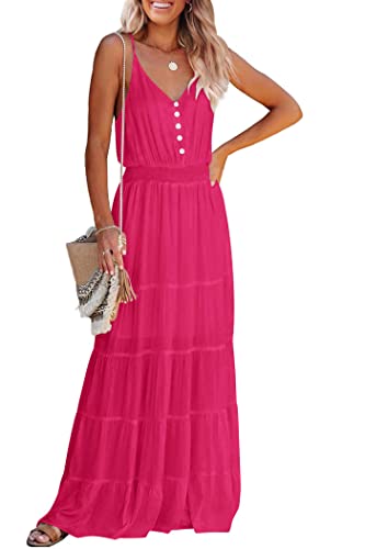 PRETTYGARDEN Women's Casual Summer Dress Spaghetti Strap Sleeveless High Waist Beach Long Maxi Sun Dresses (Dark Rose Red,Medium)
