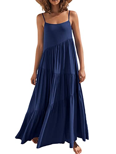ANRABESS Women's Sleeveless Adjustable Straps Tiered Flowy Knot Loose Summer Maxi Cami Dress with Pockets 523zanglan-M Navy Blue
