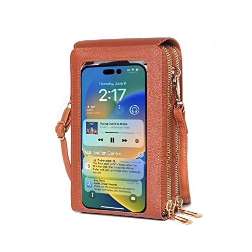 Women's Small Crossbody Bags, Small Cell Phone Purse, Wallet with Credit Card Slots, Leather Phone Wallet with Strap, Women's Crossbody Bag with Clear Window-Coffee
