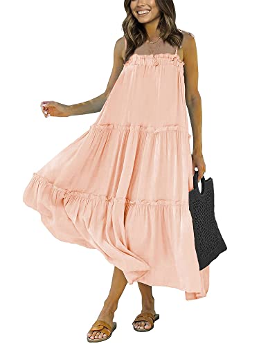BTFBM Women 2023 Summer Maxi Dresses Sleeveless Spaghetti Strap Casual Sundress Tiered Ruffle Boho Cami Beach Long Dress(Solid Apricot, Medium)