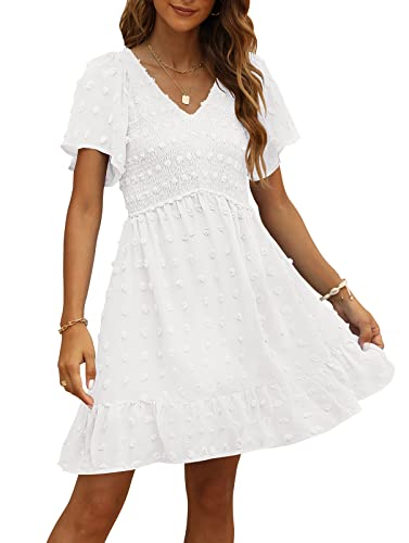 TECREW Womens Smocked Short Sleeve V Neck Mini Dress Summer Swiss Dot Flowy Short Dress, White, Medium