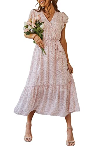 PRETTYGARDEN Women's 2023 Floral Summer Dress Wrap V Neck Short Sleeve Belted Ruffle Hem A-Line Bohemian Maxi Dresses (Pink,Medium)