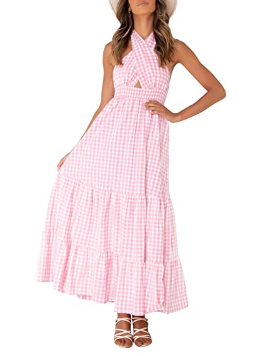 ZESICA Women's 2023 Summer Crossover Halter Neck Sleeveless Plaid Cut Out Backless Flowy A Line Maxi Dress,Pink,Medium