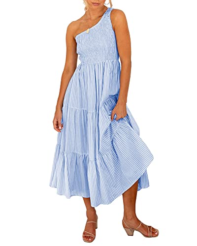 BTFBM Women One Shoulder Sleeveless Casual Summer Dresses 2023 Smocked High Waist Floral Flowy Beach Boho Maxi Dress(Striped Blue, Large)