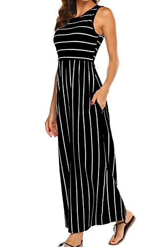 Hount Summer Striped Maxi Dresses for Women Sleeveless Modest Sundresses Plus Size (Black, Medium)