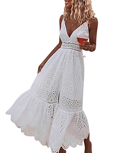 BerryGo Women's Embroidery Pearl Button Down Dress V Neck Spaghetti Strap Maxi Dress White-XS