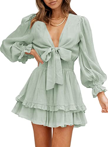 AlvaQ Dress for Women Summer Spring Long Sleeve Deep V Neck Ruffle Flowy Short Mini Dress Fashion 2023 Green Medium