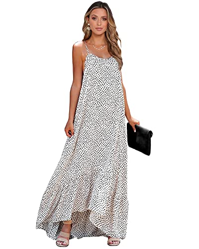BTFBM Women Casual Summer Dresses 2023 Spaghetti Strap Sleeveless Sundress Print Ruffle Flowy Boho Beach Long Maxi Dress(Print White, Medium)