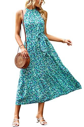 PRETTYGARDEN Women's Summer Floral Maxi Sun Dress Sleeveless Halter Neck Flowy Ruffle Hem Long Boho Dresses with Belt (Sky Blue,Medium)