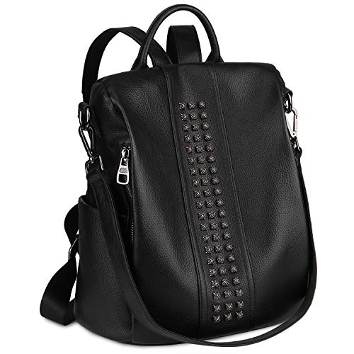 UTO Genuine Leather Backpack Women's Handbag Anti-theft Ladies Rivet Studded Fashion Convertible Travel Shoulder Bag