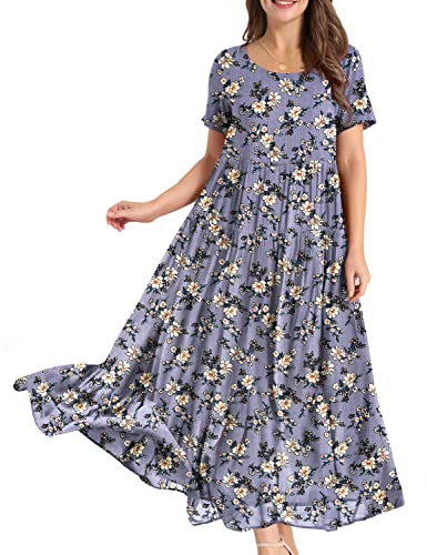YESNO Women Casual Loose Bohemian Floral Dress with Pockets Short Sleeve Long Maxi Summer Beach Swing Dress L EJF CR08
