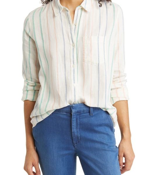 caslon(r) Casual Linen Blend Button-Up Shirt in Ivory- Multi Bolinas Stripe at Nordstrom, Size Small