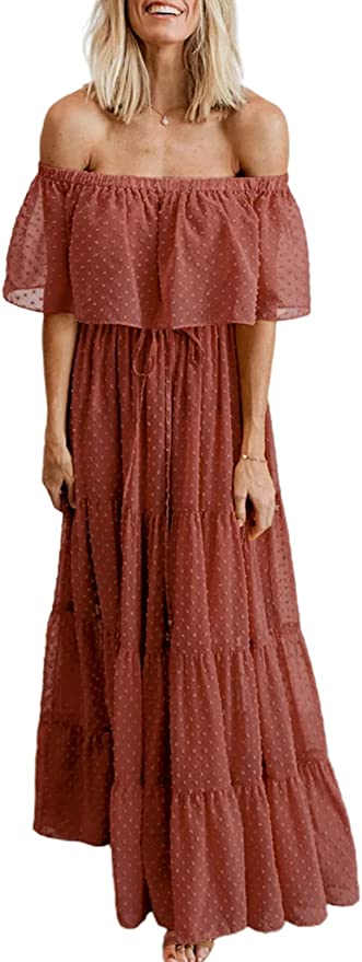 BLENCOT Womens Casual Floral Lace Swiss Dots Off The Shoulder Long Evening Dress