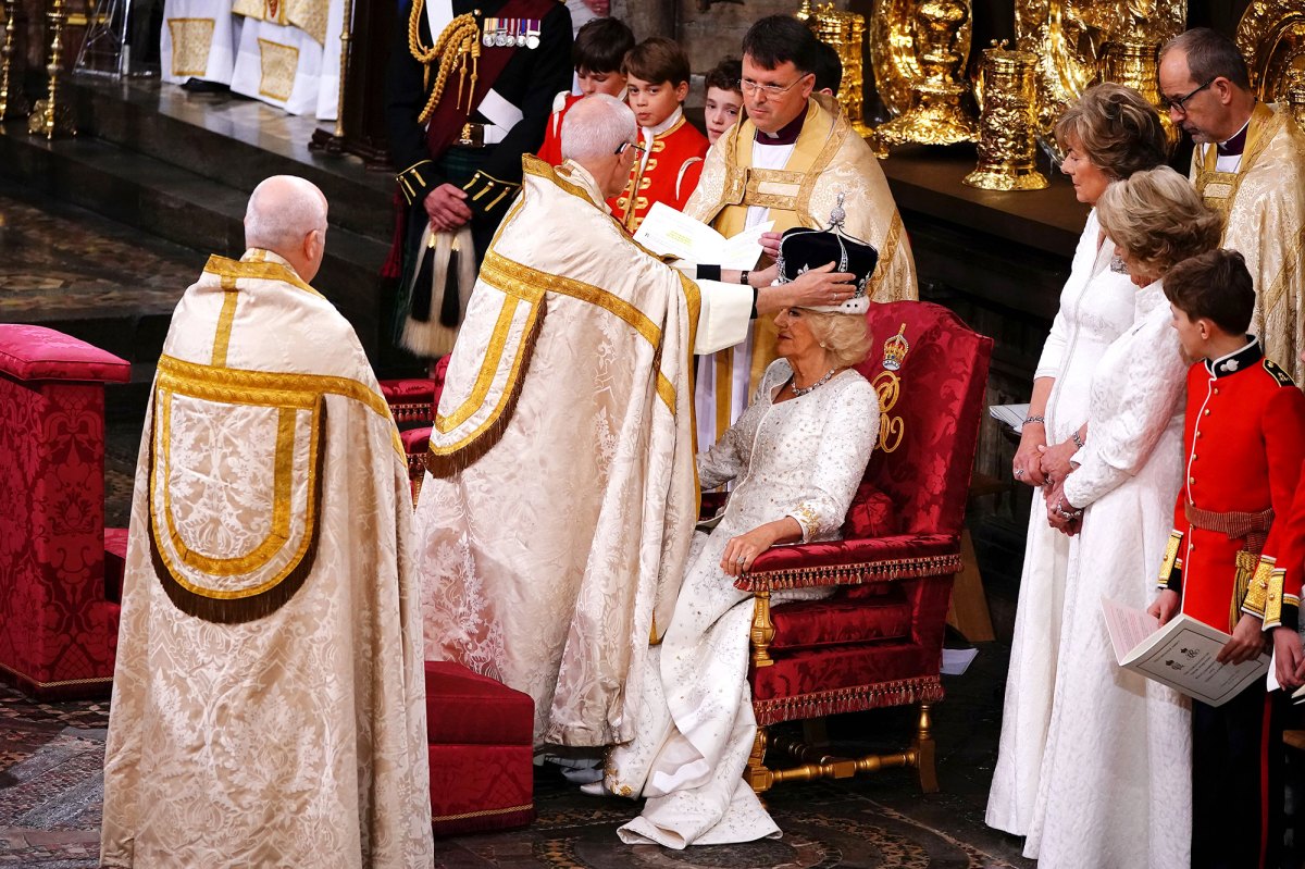 Queen Camilla Adjusts Crown, Is Blessed and Anointed in Coronation