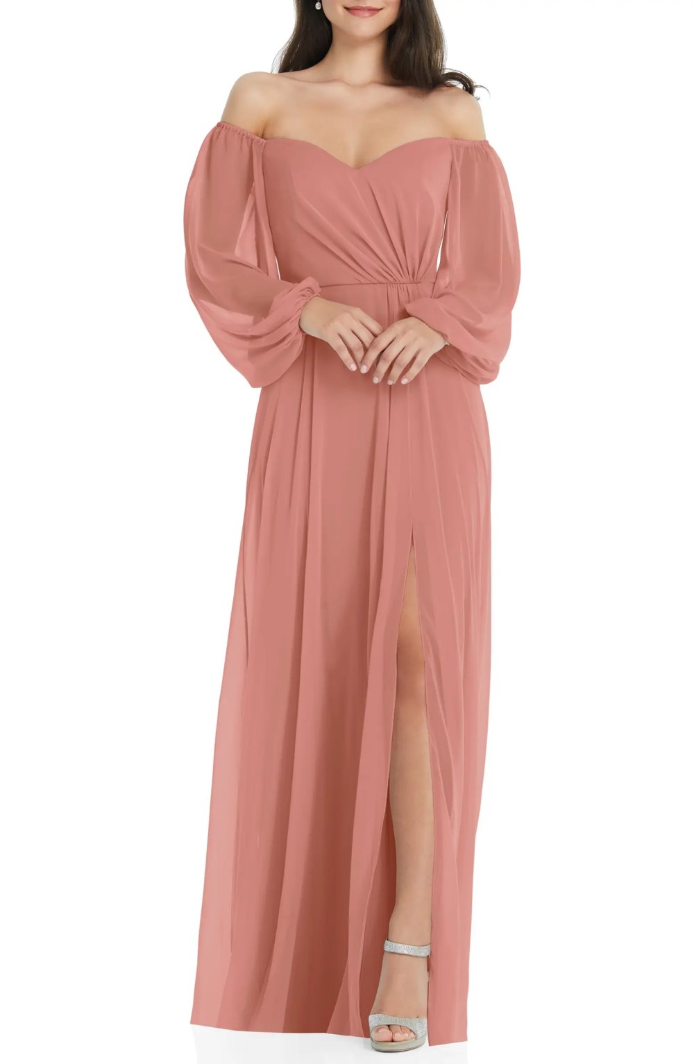 Dessy Collection Convertible Neck Long Sleeve Chiffon Gown
