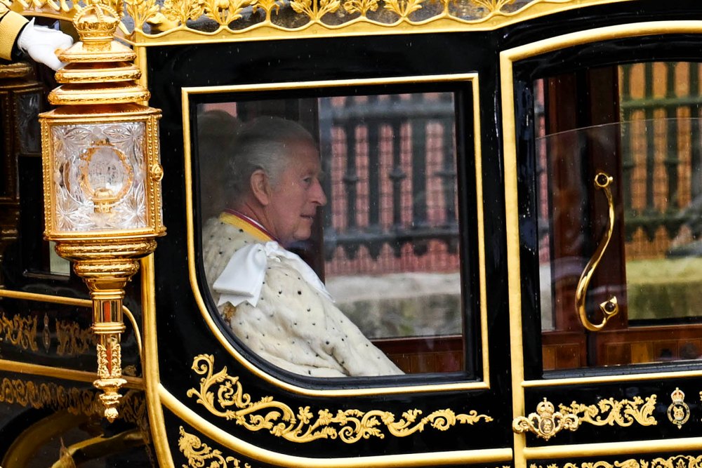 King Charles III Arrives at Westminster Abbey for Coronation Carriage