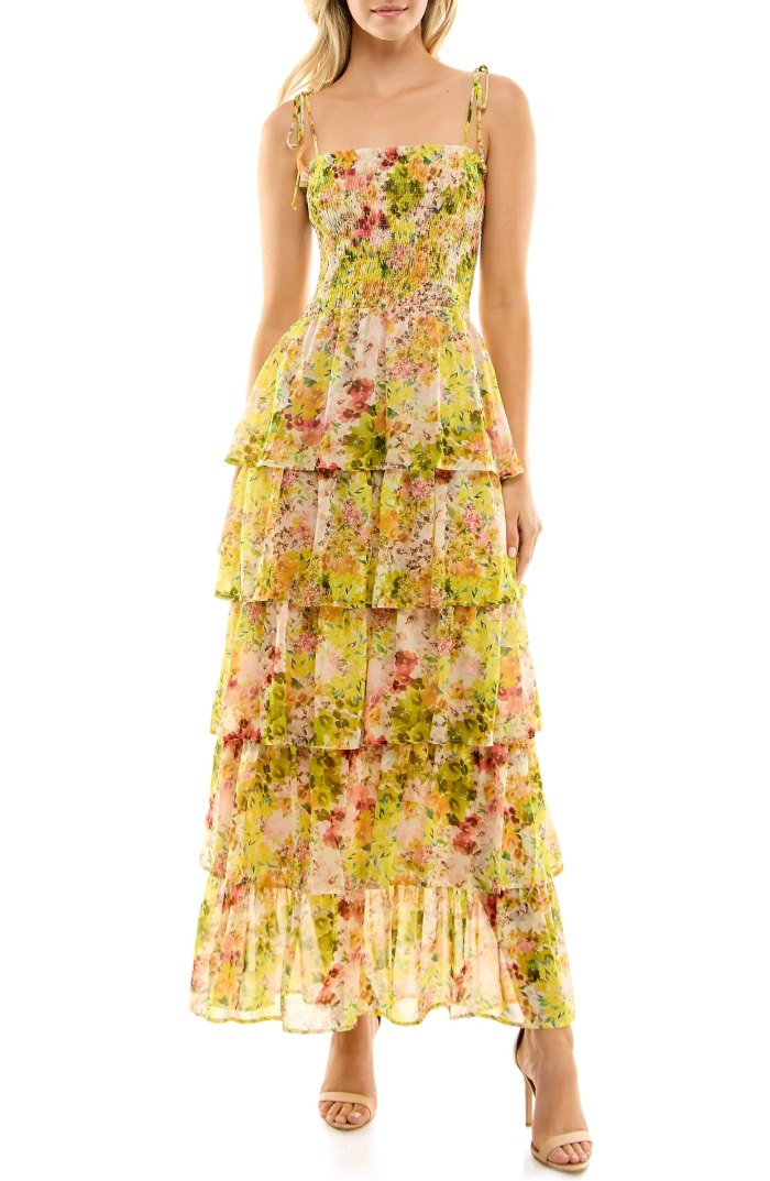 Socialite Floral Print Smocked Tiered Maxi Dress