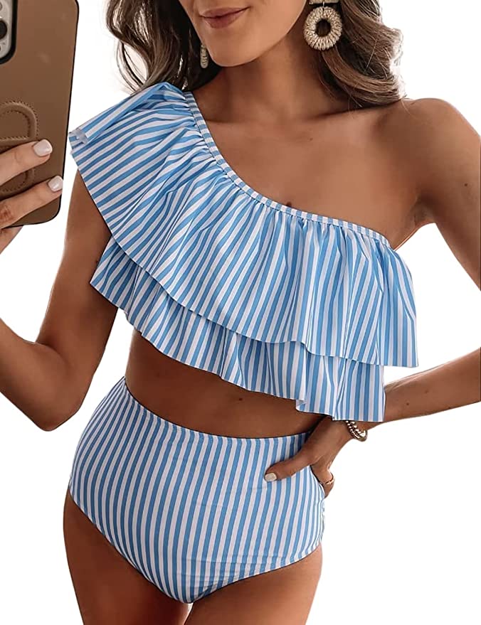striped one-shoulder bikini