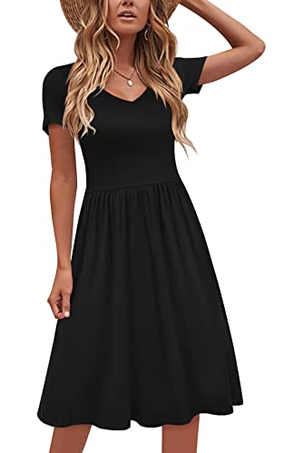 DB MOON Women Casual Dresses V Neck Short Sleeve Empire Waist Knee Length Beach Dress with Pockets (Black, L)
