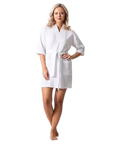 Turkish Linen Lightweight Waffle Knit Bath, Spa & Bridesmaids Kimono Short Robes for Women - Quick Dry & Soft