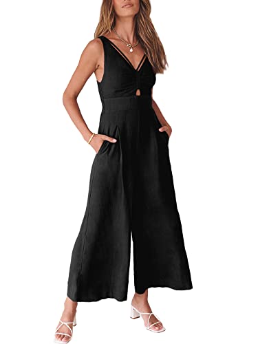 ANRABESS Women's Summer Wide leg Jumpsuits V Neck Smocked Cutout High Waist Thick adjustable straps Rompers A898-heise-M
