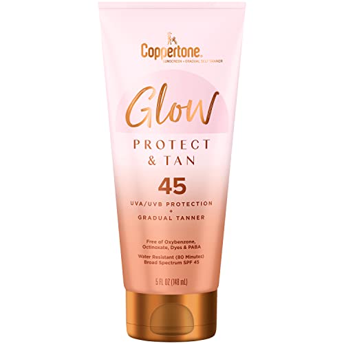 Coppertone Glow Protect and Tan Sunscreen Lotion with Gradual Tan SPF45 Water Resistant Sunscreen Broad Spectrum Sunscreen SPF45 SPF45 5 Fl Oz Tube