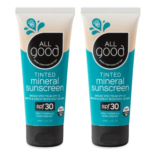 All Good Tinted Mineral Sport Sunscreen Lotion for Face & Body - UVA/UVB Broad Spectrum, SPF 30, Coral Reef Friendly, Water Resistant, Coconut Oil, Jojoba Oil, Shea Butter, Aloe (3 oz)(2-Pack)